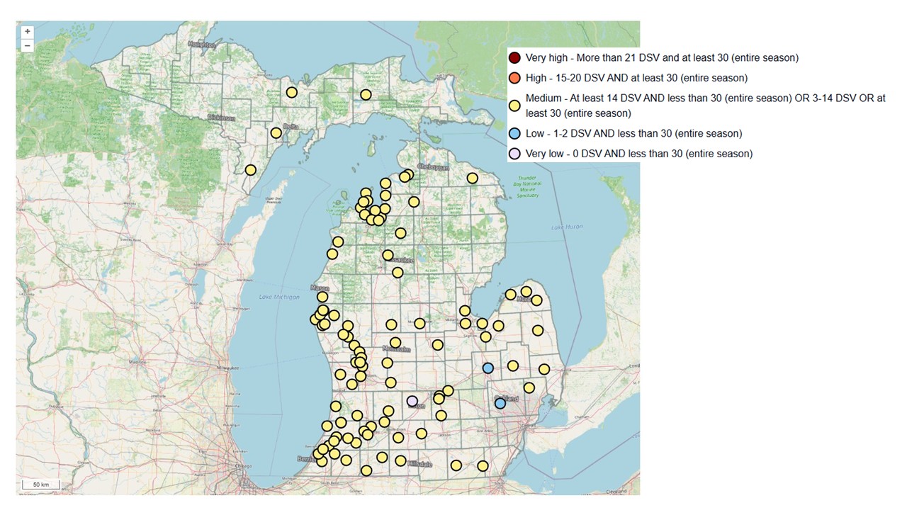 Map of Michigan with yellow dots scattered all over and a couple light blue dots.